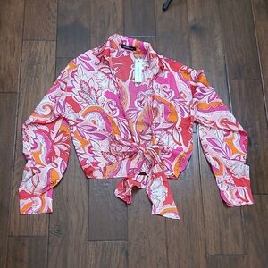 NWT Good Time USA Vibrant Pink Orange Open Tie Front Top size Medium